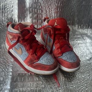 Jordan Kids Red and Light Blue Suede Sneakers with Gold Swoosh